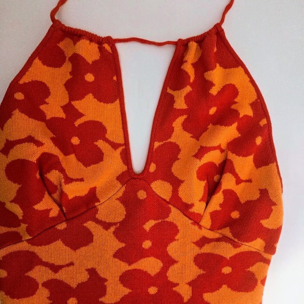 Women's Orange Floral Halter Knit Top - Picture 2 of 6
